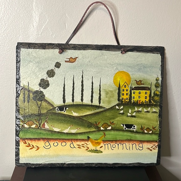 New Hand Painted Slate Good Morning Folk Art Country Manor Scene Wall Hanging - Picture 1 of 12